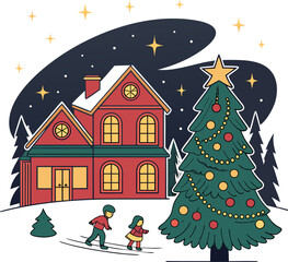 Vector illustration of a Christmas tree beside a cozy house, decorated for the holiday season.
