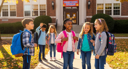 A group of diverse and happy students with backpacks standing in front of a school building on a sunny autumn day