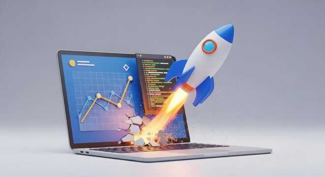 3D rocket launching from a laptop screen with data charts and code computer