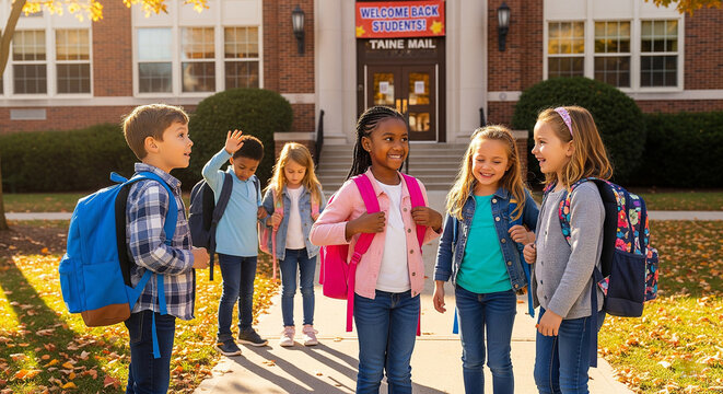 A group of diverse and happy students with backpacks standing in front of a school building on a sunny autumn day