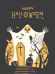 Happy Halloween holiday fancy minimalist vector typography poster. Cute scary spooky monster, ghost, gravestone, coffin illustration. Halloween greeting card. 31 October celebration banner background