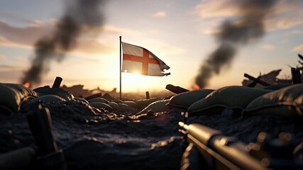 The flag of England stands amidst the ruins of a battlefield, seen from a soldier's viewpoint - Powered by Adobe