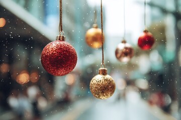 Christmas baubles hanging in the city / Red and gold Christmas ornaments with snowfall