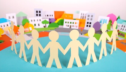 Paper cut-out figures in a circle, surrounded by a miniature paper city