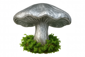 Large grey mushroom sprouting from verdant grass, 3d-rendered against transparent backdrop