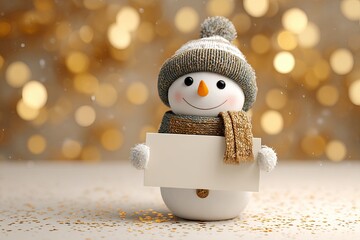 Cute snowman with golden background / Adorable snowman for holiday greeting card