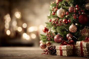 Decorated Christmas tree with gifts / Christmas presents under festive tree / christmas tree and decorations