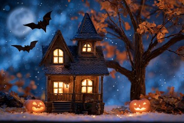 Creepy haunted house with jack-o’-lanterns / halloween background with pumpkin