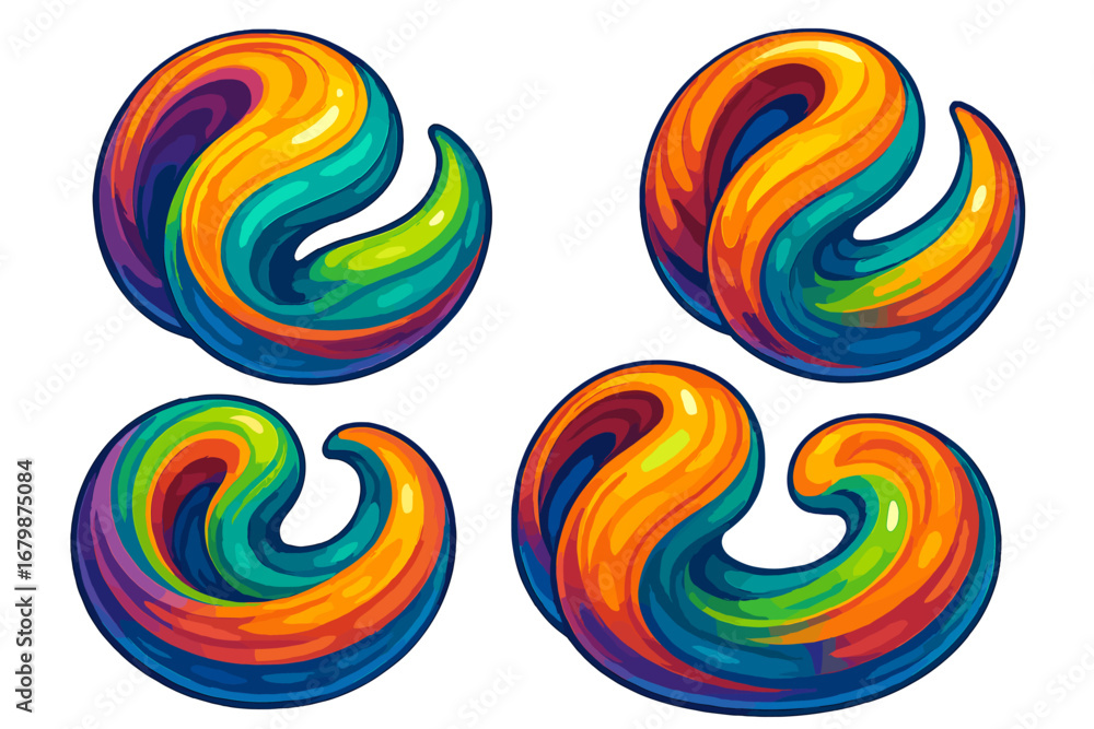 Aufkleber Set of colorful swirling 3D shapes. Abstract fluid dynamic form with a glossy finish and intricate patterns. Vector icon or logo element. Modern vibrant gradient design.