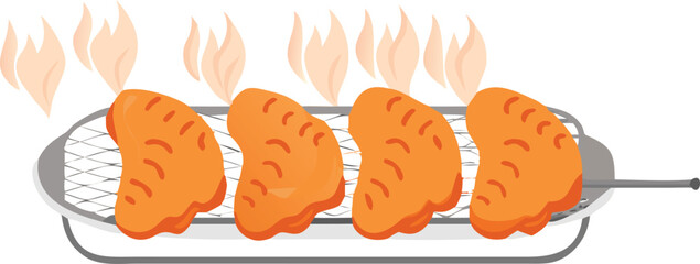 A grill with several pieces of chicken cooking on it, set against a plain white background.