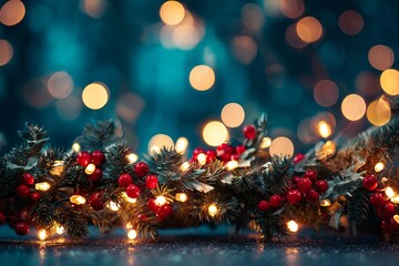 Christmas garland with red berries and glowing fairy lights / Christmas decoration on blue bokeh background
