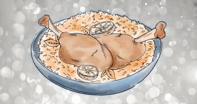 Hand-drawn bowl holding rice with chicken drumsticks, lemon slices and leaves against grey backdrop