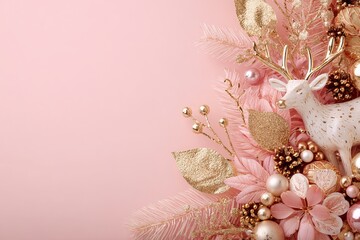 Elegant Christmas ornaments in pink and gold on pastel background / Pink pastel Christmas background with sparkling ornaments