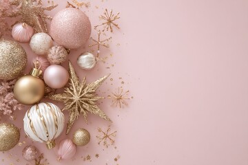 Elegant Christmas ornaments in pink and gold on pastel background / Pink pastel Christmas background with sparkling ornaments