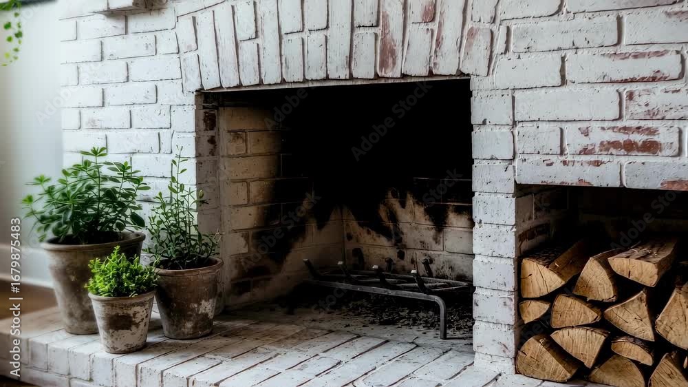 Poster fully limewashed rustic brick fireplace with subtle ghosting of original brick patterns underneath o