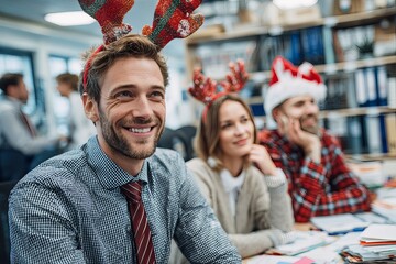 Smiling businessman wearing reindeer antlers in festive office / Office workers enjoying holiday season with Christmas costumes