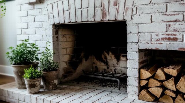 Fully limewashed rustic brick fireplace with subtle ghosting of original brick patterns underneath offering a charming vintagemodern blend.