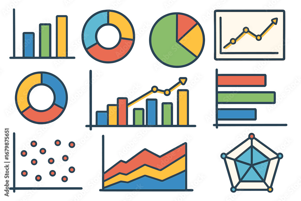 Aufkleber data visualization infographic elements set. collection of colorful charts and graphs. bar chart, pi