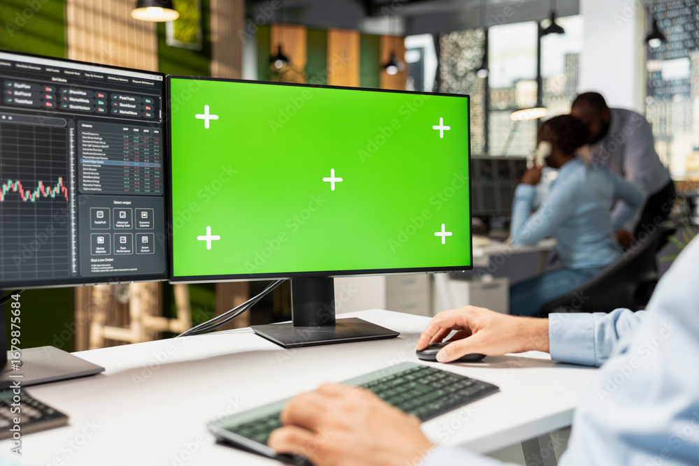 Poster close up of prop firm trader using mockup computer displaying candlestick graphs with stock market s
