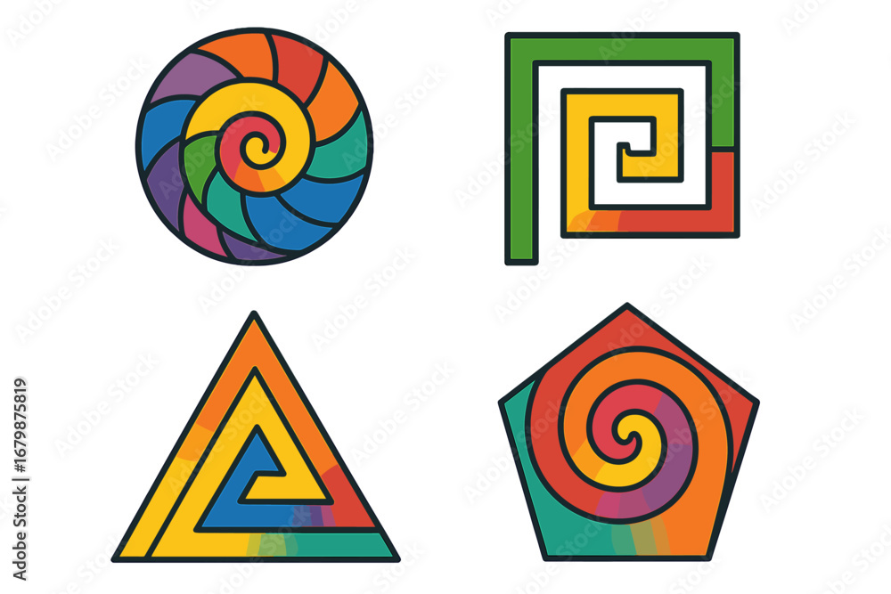 Aufkleber set of colorful geometric shapes with spiral patterns. vector icons with circle, square, triangle, p