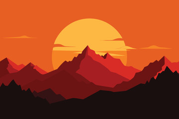 A vibrant sunset casts an orange sky over majestic mountains, creating a serene and picturesque landscape. © Rizky