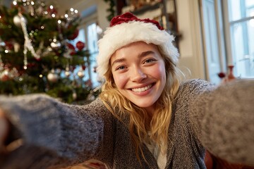 Smiling woman taking Christmas selfie in cozy home near decorated tree