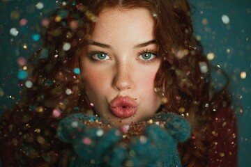 Beautiful woman blowing glitter with festive sparkle in winter atmosphere