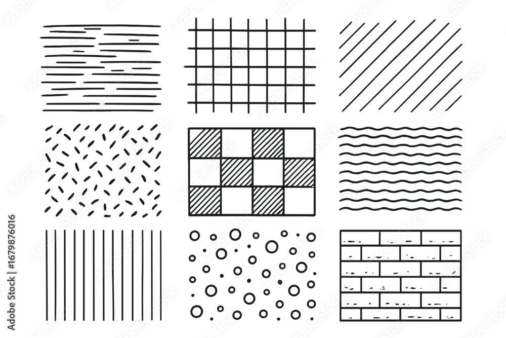 Aufkleber set of hand-drawn textures. doodle patterns collection with lines, grid, stripes, dots, and waves. s