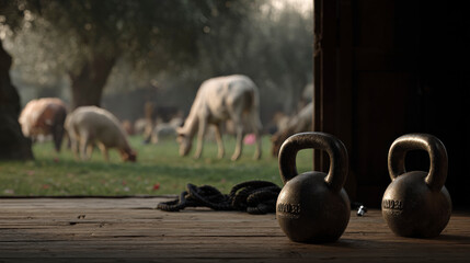 Two kettlebells are on a wooden floor next to a group of cows