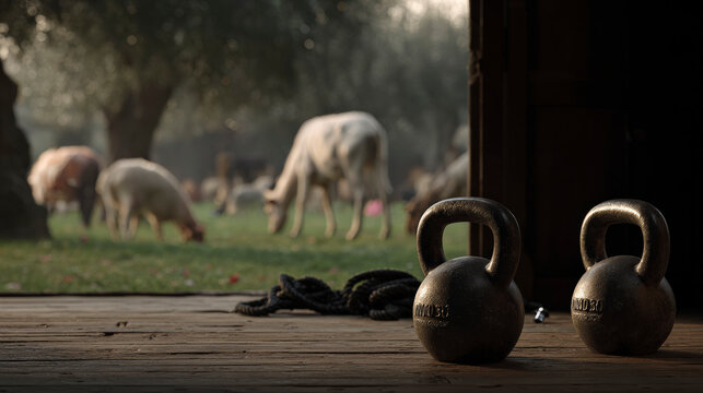 Two kettlebells are on a wooden floor next to a group of cows
