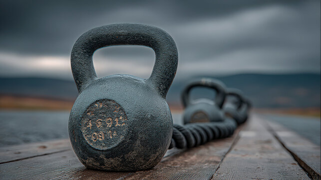 A kettlebell sits on a wooden surface with a rope tied to it - Powered by Adobe