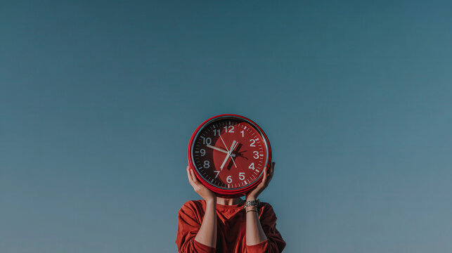 A person is holding a red clock in their hands