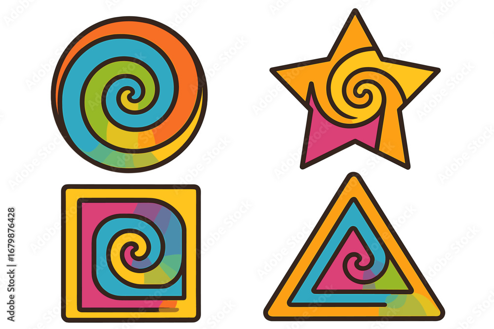 Fototapete set of colorful geometric shapes with spiral patterns. abstract vector icons with vibrant gradients.
