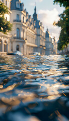 Charming European street reflected in rain-soaked pavement