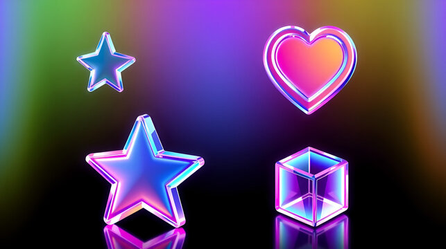 3d glass element with holographic neon effect. Render iridescent star, coin, heart, arrow update, cursor, speech bubble, cube icon. Y2k neon shape isolates. Vector tech ui illustration