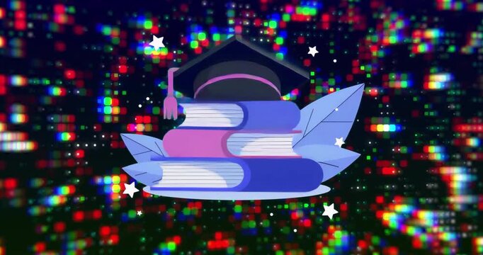 Glitching pixel blocks pulsing behind static graduation book stack with cap for digital contrast