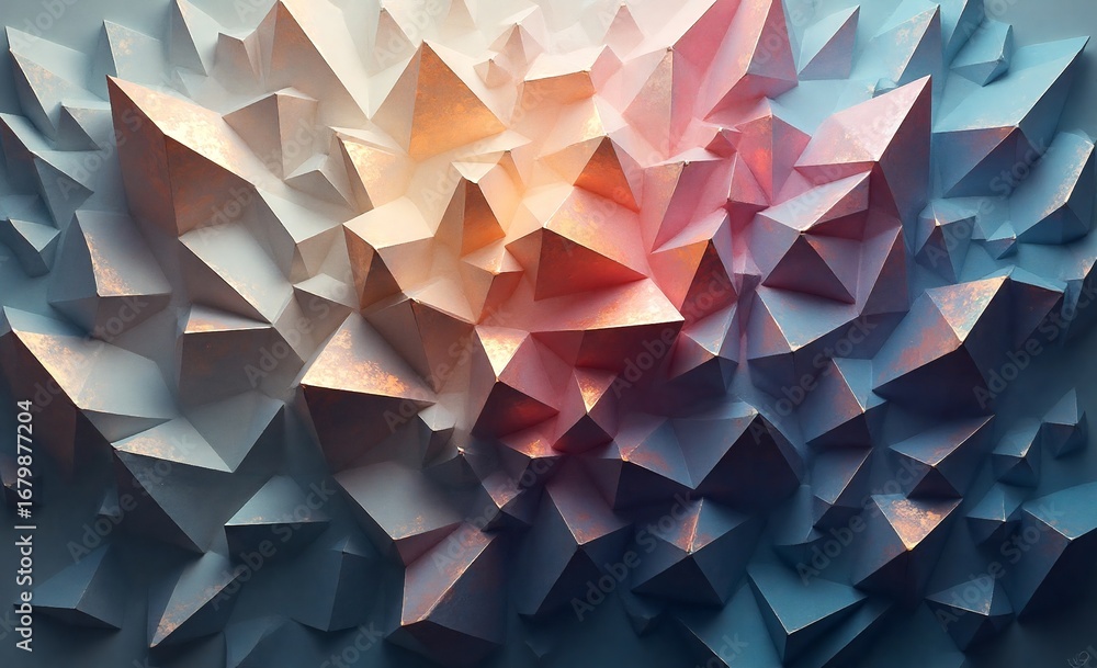 Poster dynamic abstract art: a textured relief of sharp geometric facets, transitioning from cool blues to 