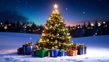 A Christmas tree stands amidst snow and presents under a night sky