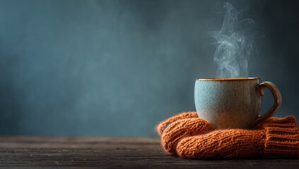 Warm mug of steaming drink in orange mittens on a wooden surface