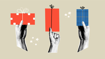 Set of retro collage with halftone hands holding presents. 