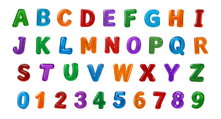 Colorful jelly-style alphabet and numbers set on transparent background
