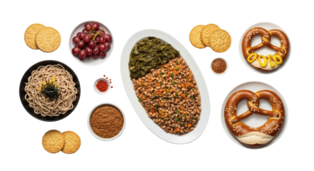 Overhead shot of a diverse food spread featuring noodles, pretzels, beans, greens, grapes, and cookies on transparent background