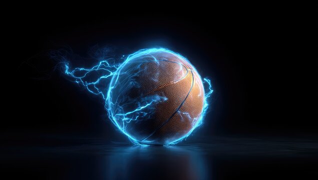 A basketball glows with electrifying blue energy