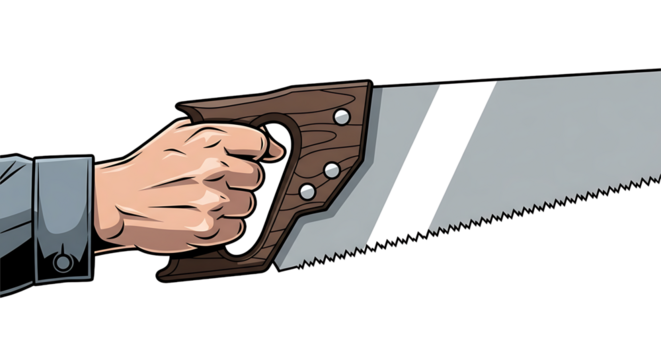 A cartoon hand in a suit holding a saw with a wooden handle against a black background illustration on transparent background