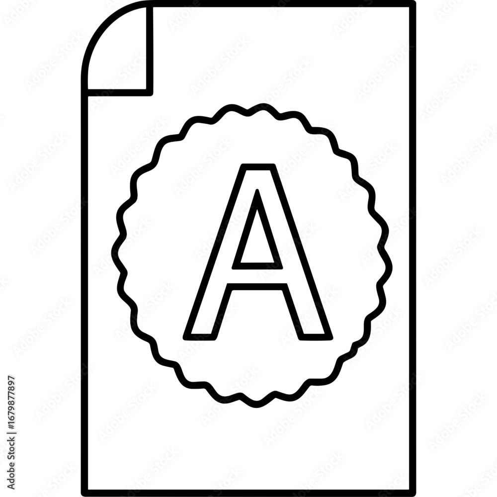 Poster outline icon of a document with letter a inside badge