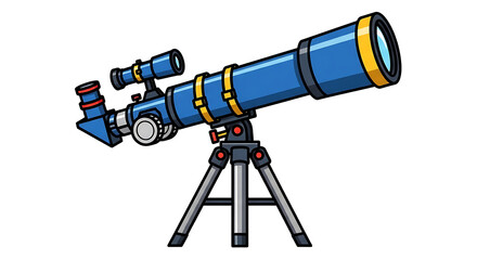 A blue cartoon telescope with yellow straps on a gray tripod against a black background is centered on transparent background