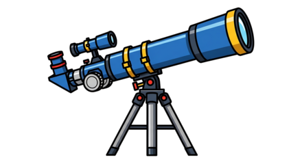 A blue cartoon telescope with yellow straps on a gray tripod against a black background is centered on transparent background