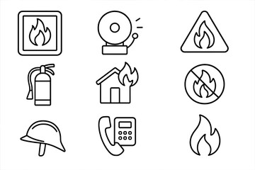 Fire safety linear icon set. Emergency, hazard, and warning signs collection. Firefighter equipment, alarm, extinguisher, and flame symbols. Vector outline illustration.