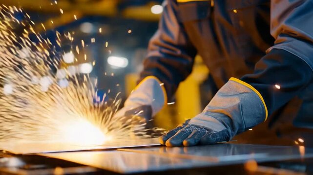A detailed inspection of sheet metal flatness and finish by gloved hands, set against a softly blurred industrial backdrop with faint sparks.