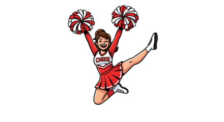 A cheerleader in a red and white uniform jumping with pom poms on a black background in a cartoon style on transparent background